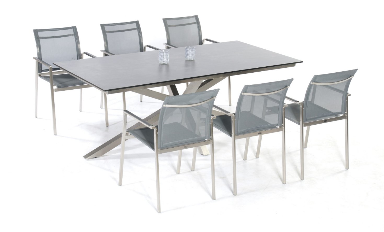 8-Personen-Gartentisch X-förmiges Edelstahlgestell und stapelbare Edelstahl-Gartenstühlen