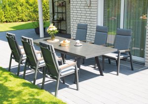 ausziehbarer Garten -Terrassentisch Sinterstein-Tischplatte und Gartenstühle mit hohen verstellbaren Rückenlehnen