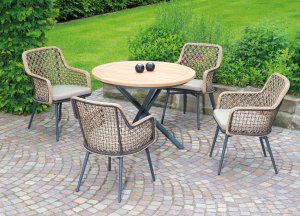 Gartentisch X-form Tischgestell rund Teak-Tischplatte