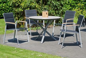 stapelbarer Gartensessel und runder Gartentisch Betonoptik-Tischplatte