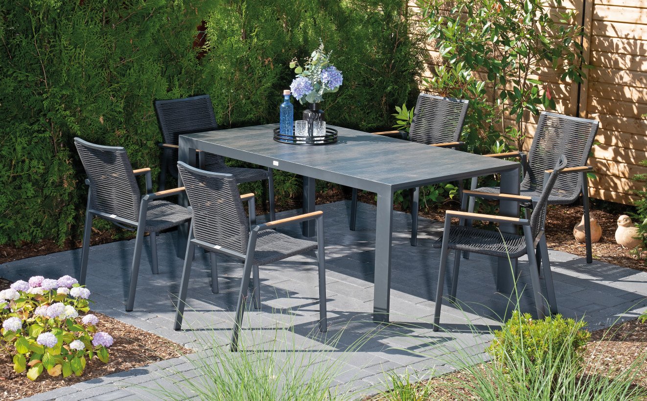 großer Gartentisch 220 x 100 cm wetterfeste Steinzeug-Tischplatte