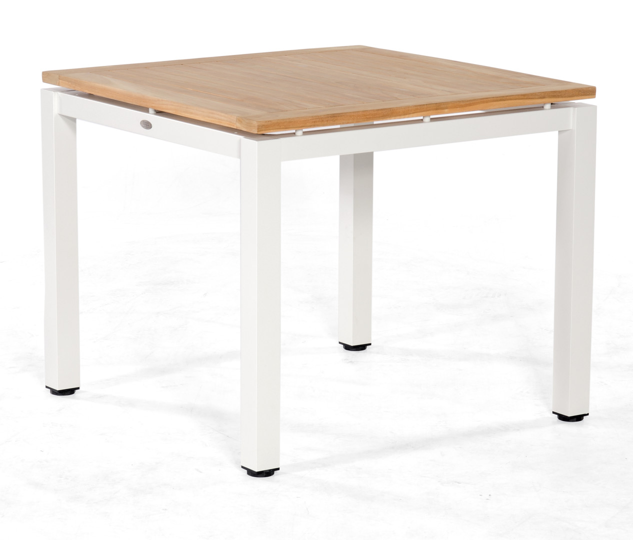 quadratischer Gartentisch 90 x 90 cm Aluminiumgestell weiß und massiver Teakholz-Tischplatte