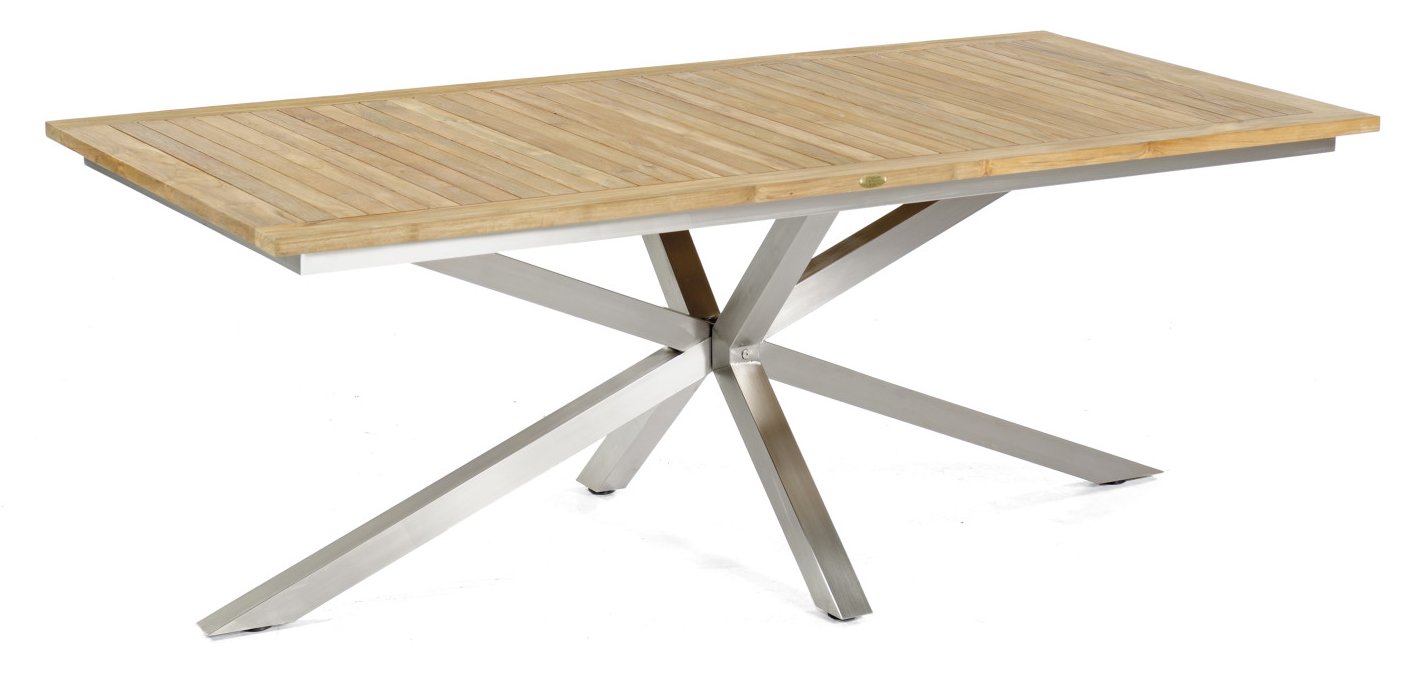 Gartentisch sternförmiges Tischgestell Massivholz-Tischplatte Gartentisch 200 x 100 cm sternförmiges Edelstahl-Tischgestell Tischplatte aus Teak-Massivholz