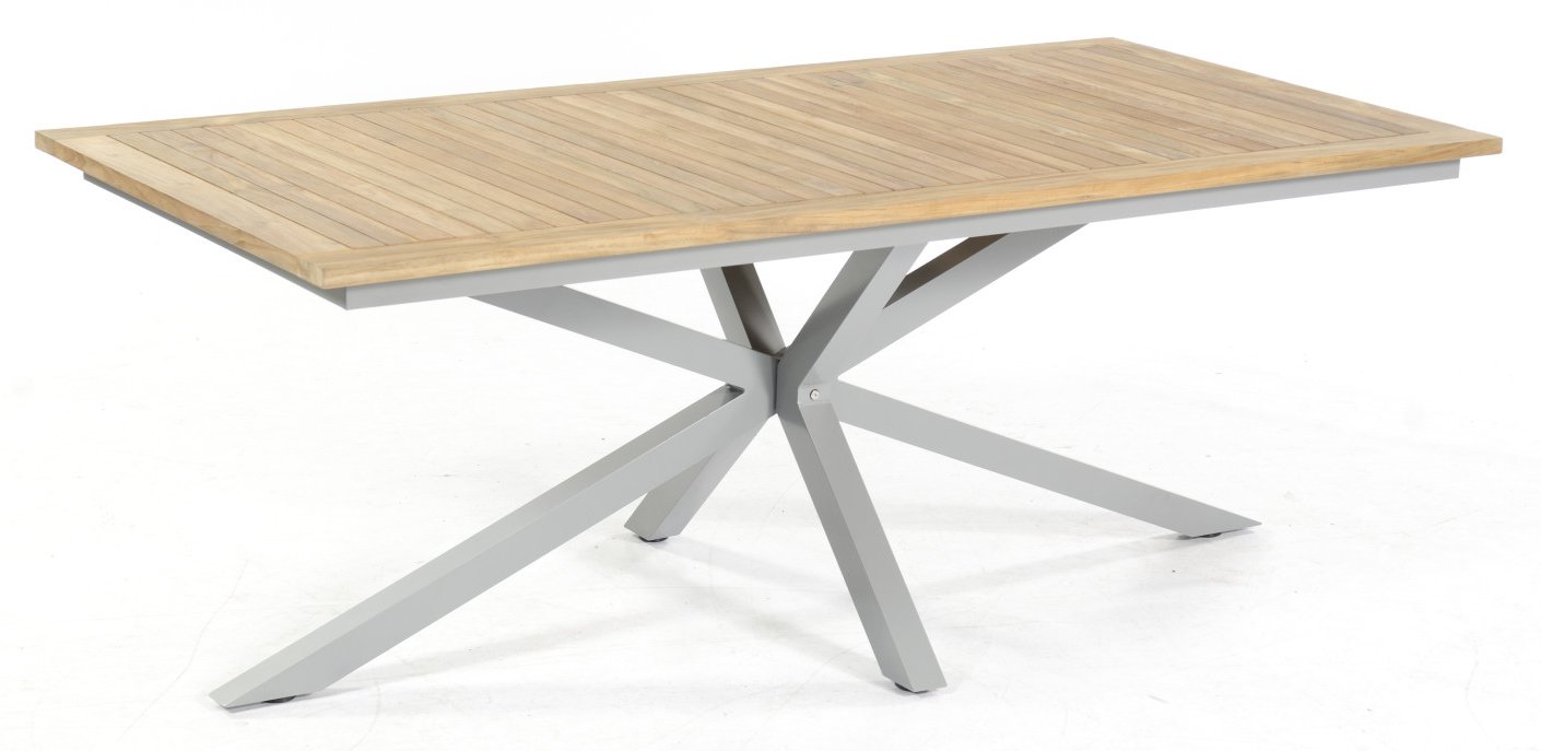 Gartentisch sternförmiges Aluminiumgestell Teakholz-Tischplatte massiver Gartentisch mit sternförmigen Aluminiumgestell und Teakholz-Tischplatte