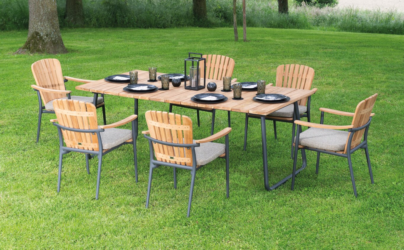 Robuster Gartentisch Teak-Tischplatte 200 x 100 cm wetterfeste Alu-Teak-Gartenstühle