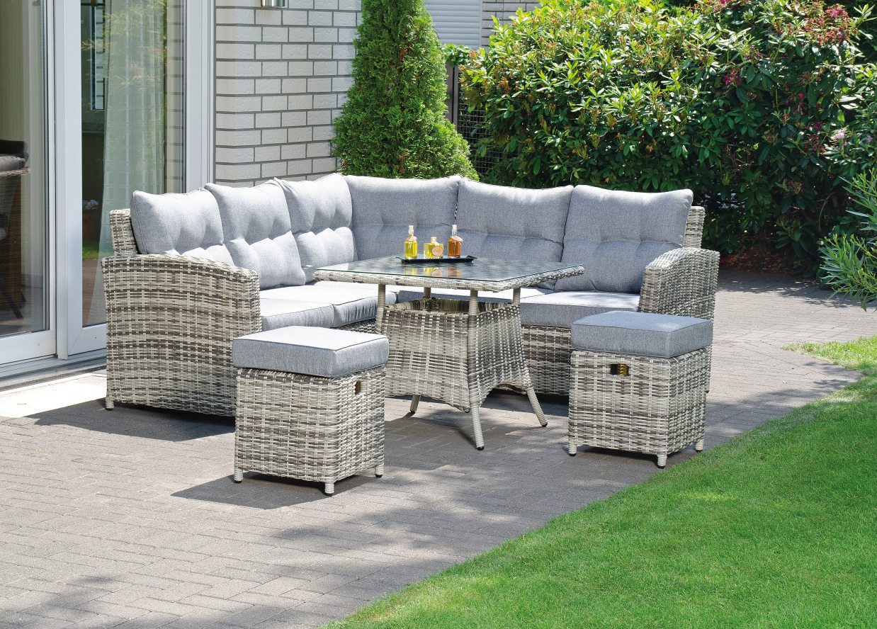 günstige Sitzgruppe für Terrasse Geflecht-Ecksofa Geflechthocker Geflechttisch wetterfest