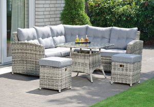 Bequeme preiswerte Garten-Sitzgruppe Ecksofa, 2 Sitzhocker Gartentisch witterungsbeständig