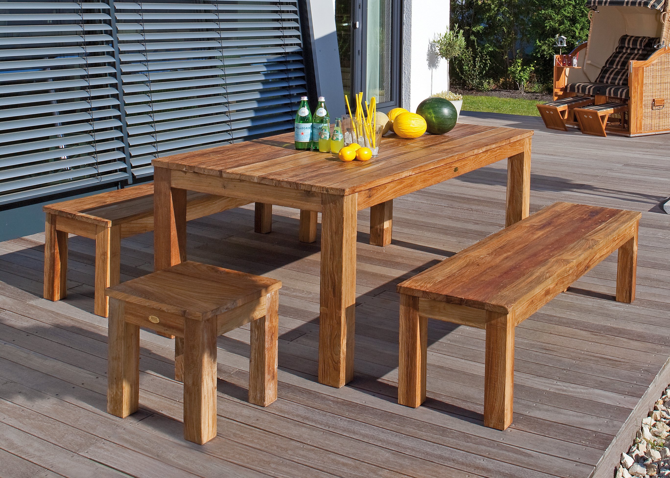 Teak-Gartentisch, Teak-Sitzbank Holzhocker wetterfest Old Teak natur