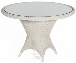 weißer Geflecht-Gartentisch mit runder Tischplatte Durchmesser 110 cm