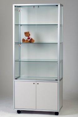robuste Glasvitrine 78x41x183 cm auf Laufrollen mit abschließbarem Unterschrank