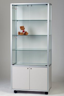 robuste Glasvitrine 78x41x183 cm auf Laufrollen mit abschließbarem Unterschrank