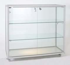 abschließbares Sicherheitsglas-Vitrinensideboard auf Laufrollen