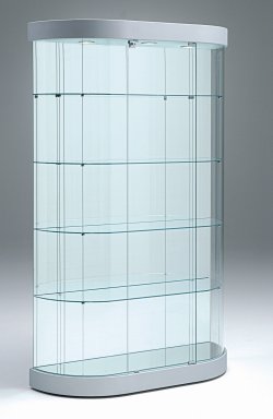förmschöne halbovale Sammlervitrine mit gerader Spiegelrückwand und LED-Deckenbeleuchtung