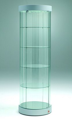 runde abschließbare Sicherheitsglas-Standvitrine 57x197 cm auf Rollsockel mit LED-Deckenbeleuchtung