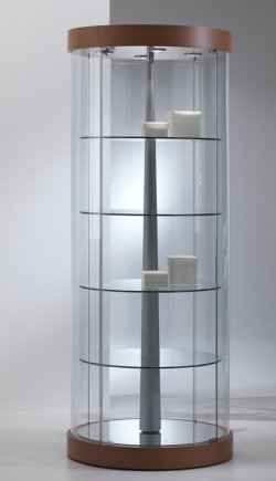 runde Glasvitrine mit elektrisch drehbaren Klarglas-Fachböden und LED-Deckenbeleuchtung