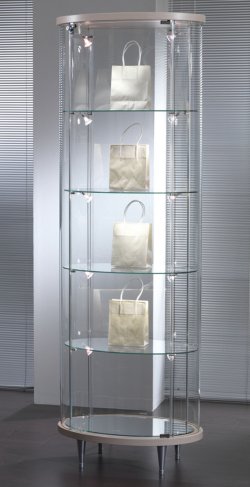 ovale Sicherheitsglas-Standvitrine als formschöne Sammlervitrine ohne Gestellrahmen