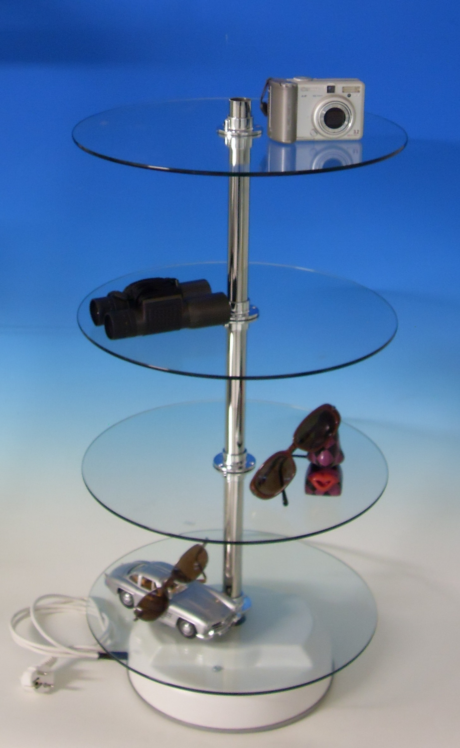 Vitrinen-Drehbühne mit 4 Etagen 4 runde Klarglas-Drehteller