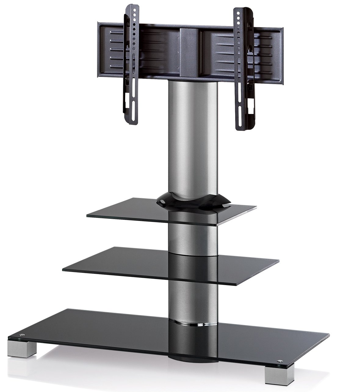 moderner und stabiler TV-Standfuß mit 2 Gerätefachböden aus Schwarzglas