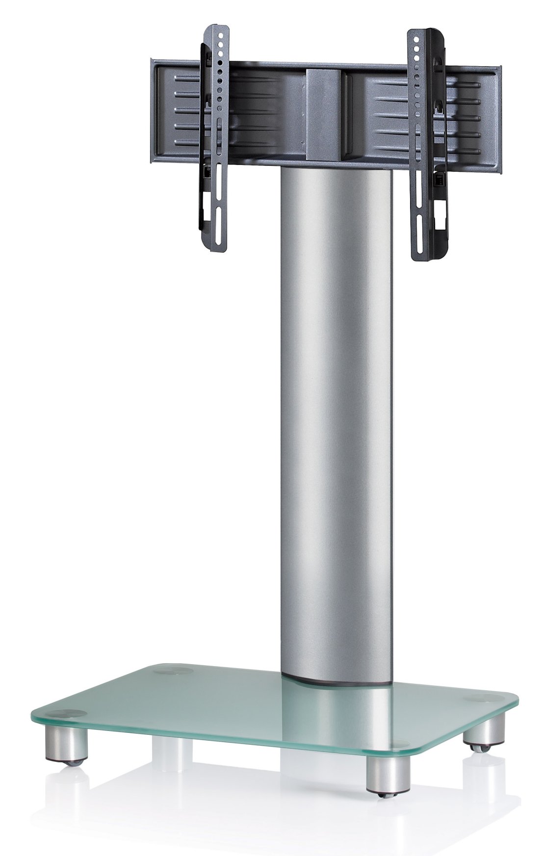 TV-Standfuß Aluminiumsäule silber / Bodenplatte Mattglas hochwertig preiswert mit Laufrollen