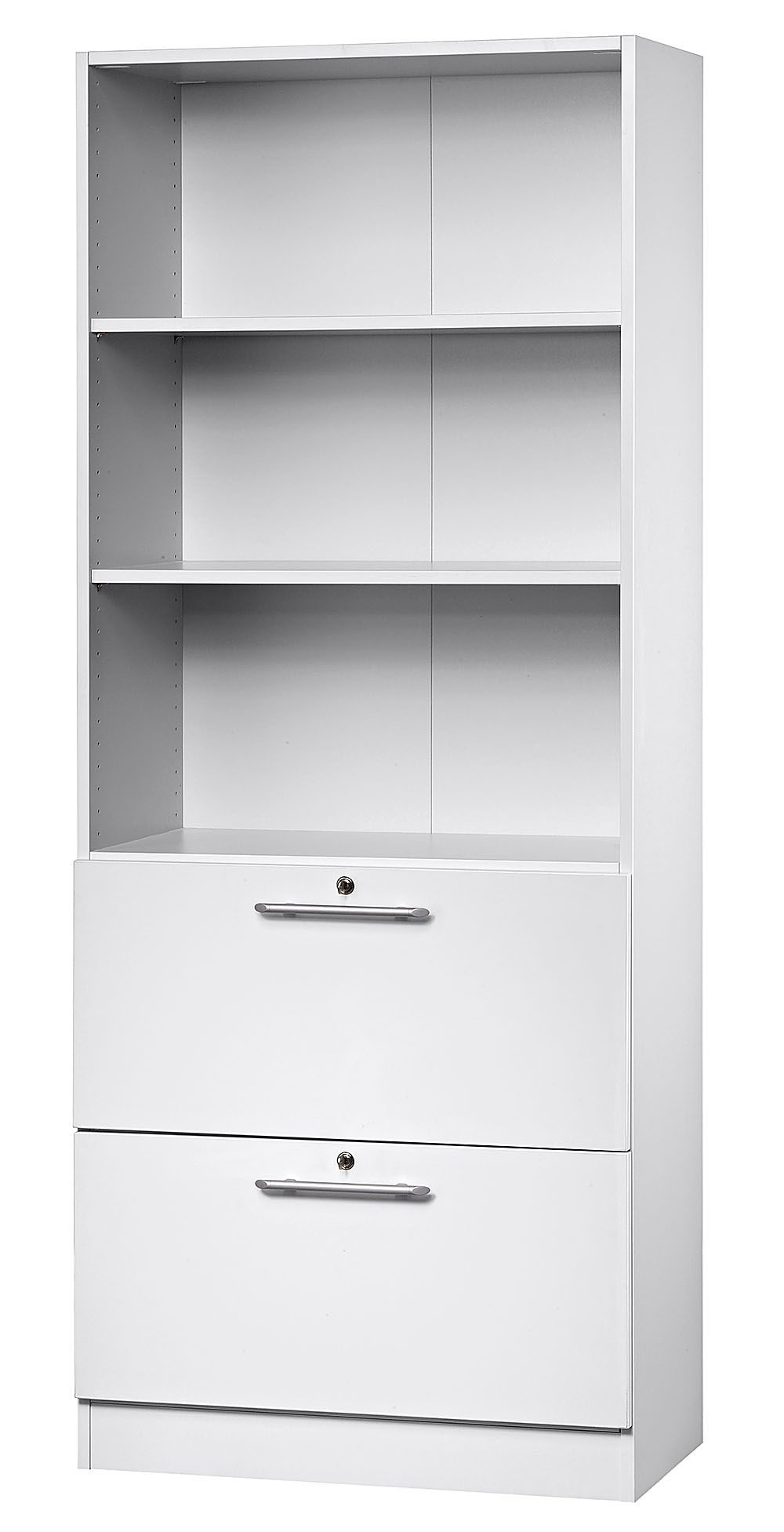 Weißer Büroschrank mit 2 abschließbaren Hängeregister-Schubladen und 3 offene Schrankfächer