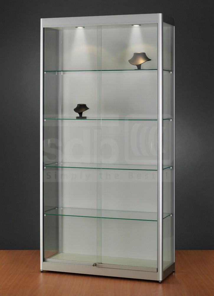 Schrankvitrine mit LED-Deckenbeleuchtung Holzrückwand