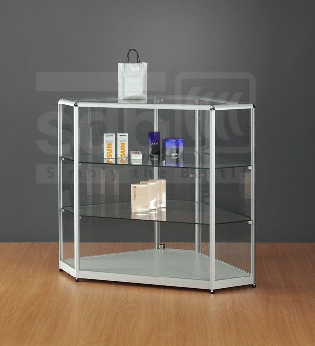Verkaufstheke mit Schaukasten und abtrapezf&ouml;rmige Thekenvitrine