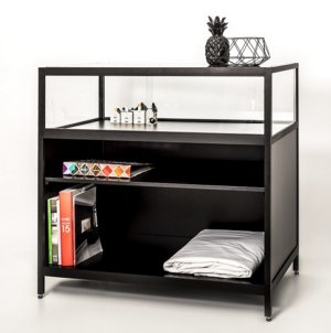  schwarze Ladentheke mit robustem Vitrinenteil