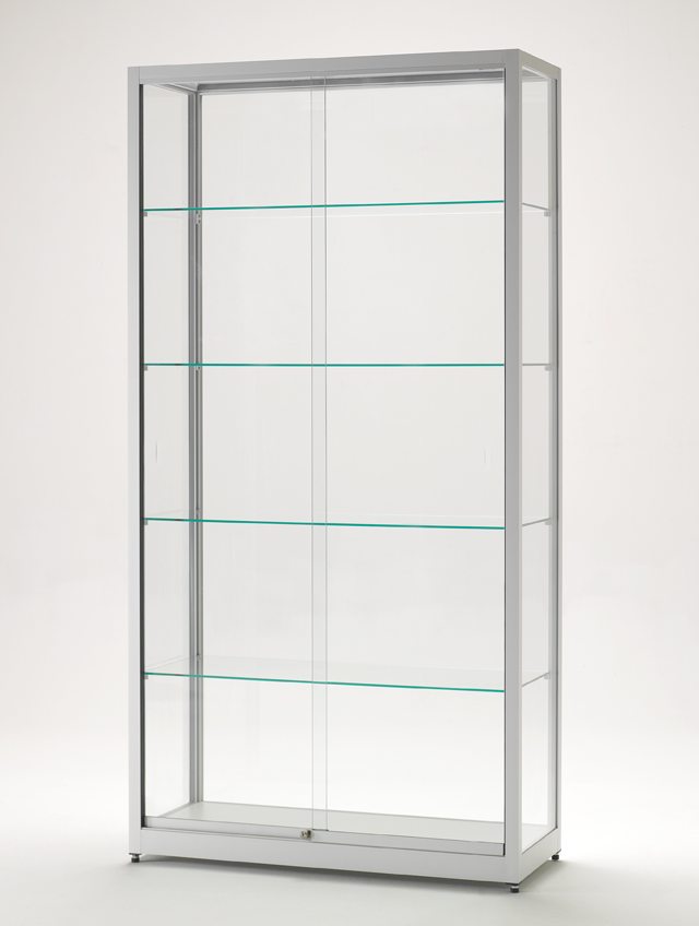 robuste Glasvitrine mit abschlie&szlig;baren Schiebet&uuml;ren