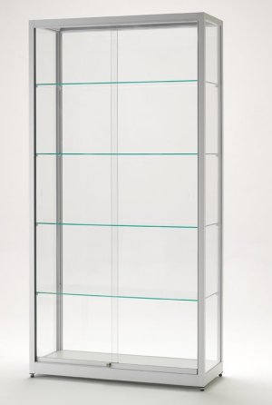 Standvitrine mit Schiebet&uuml;ren aus Sicherheitsglas
