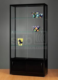 schwarze Messevitrine mit abschließbarem Unterschrank