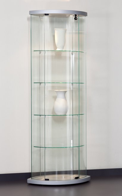 ovalförmige Glasvitrine 180 cm hoch abschließbar LED-Deckenbeleuchtung
