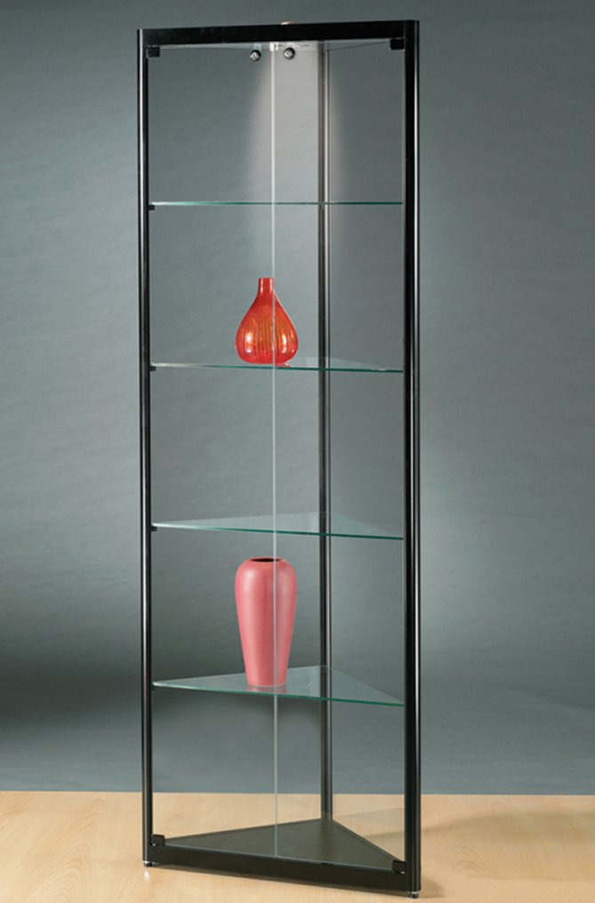 schwarze Eckvitrine 50 x 50 x 200 cm mit LED-Deckenbeleuchtung