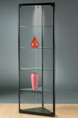 schwarze Eckvitrine abschließbar mit LED-Deckenbeleuchtung