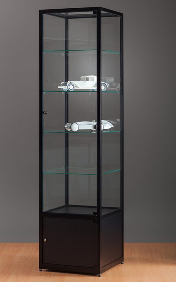 schwarze Standvitrine 50 x 50 x 200 cm mit Unterschrank