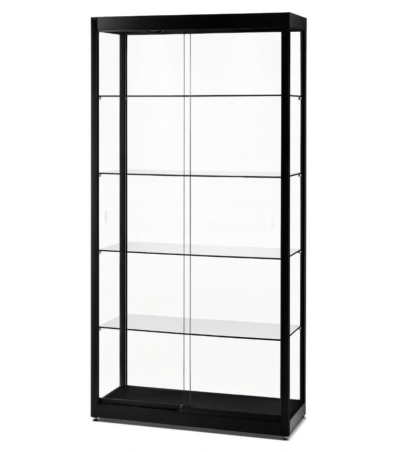 Schwarze Sicherheitsglas-Standvitrine mit LED-Deckenbeleuchtung