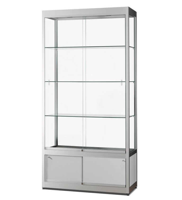 Bruchfeste Standvitrine mit Unterschrank abschließbar, LED-Deckenspot Lichtfarbe einstellbar