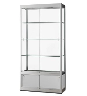 Staufach-Standvitrine mit abschließbaren Unterschrank, LED-Deckenspot und 3 Fachböden