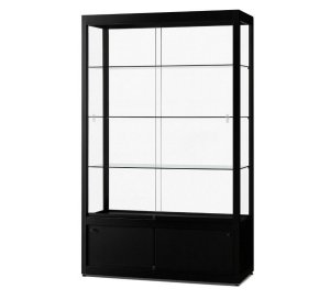 schwarze, 2 Meter hohe Standvitrine  mit Unterschrank und LED-Deckenbeleuchtung