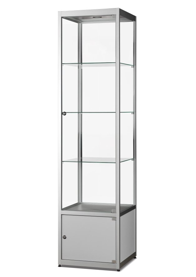 abschließbare Standvitrine mit Unterschrank 50 x 50 x 200 cm, bruchfestes ESG-Sicherheitsglas, LED-Deckenspot abschließbare Standvitrine mit Unterschrank 50 x 50 x 200 cm, bruchfestes ESG-Sicherheitsglas, LED-Deckenspot