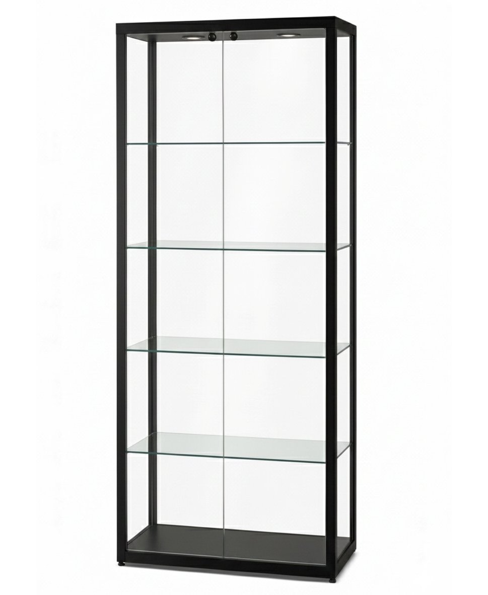 schwarze Schrankvitrine mit bschließbaren Drehtüren Front