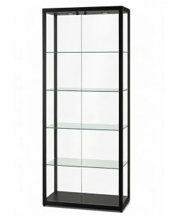 schwarze Standvitrine mit abschließbaren, doppelflügligen Drehtüren (Front)