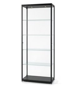 robuste Schrankvitrine schwarz mit abschließbaren Drehtüren (seitlich) und 2 LED-Deckenspots
