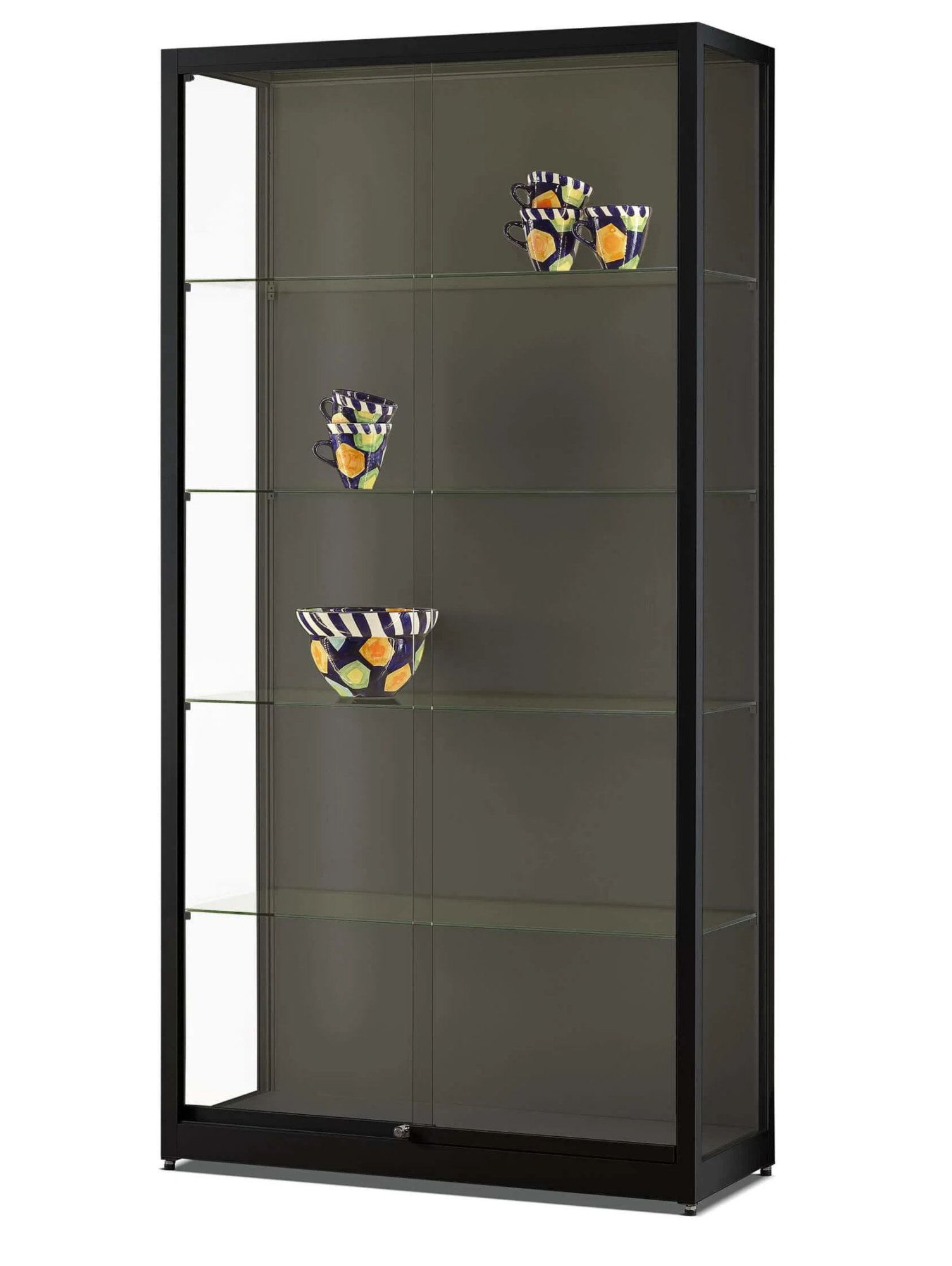 schwarze Standvitrine bruchfestes Sichereheitsglas LED-Beleuchtung dimmbar
