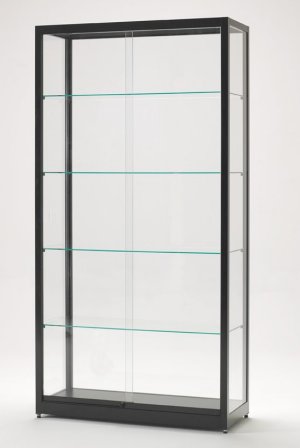 schwarze Glasvitrine mit Schiebetüren