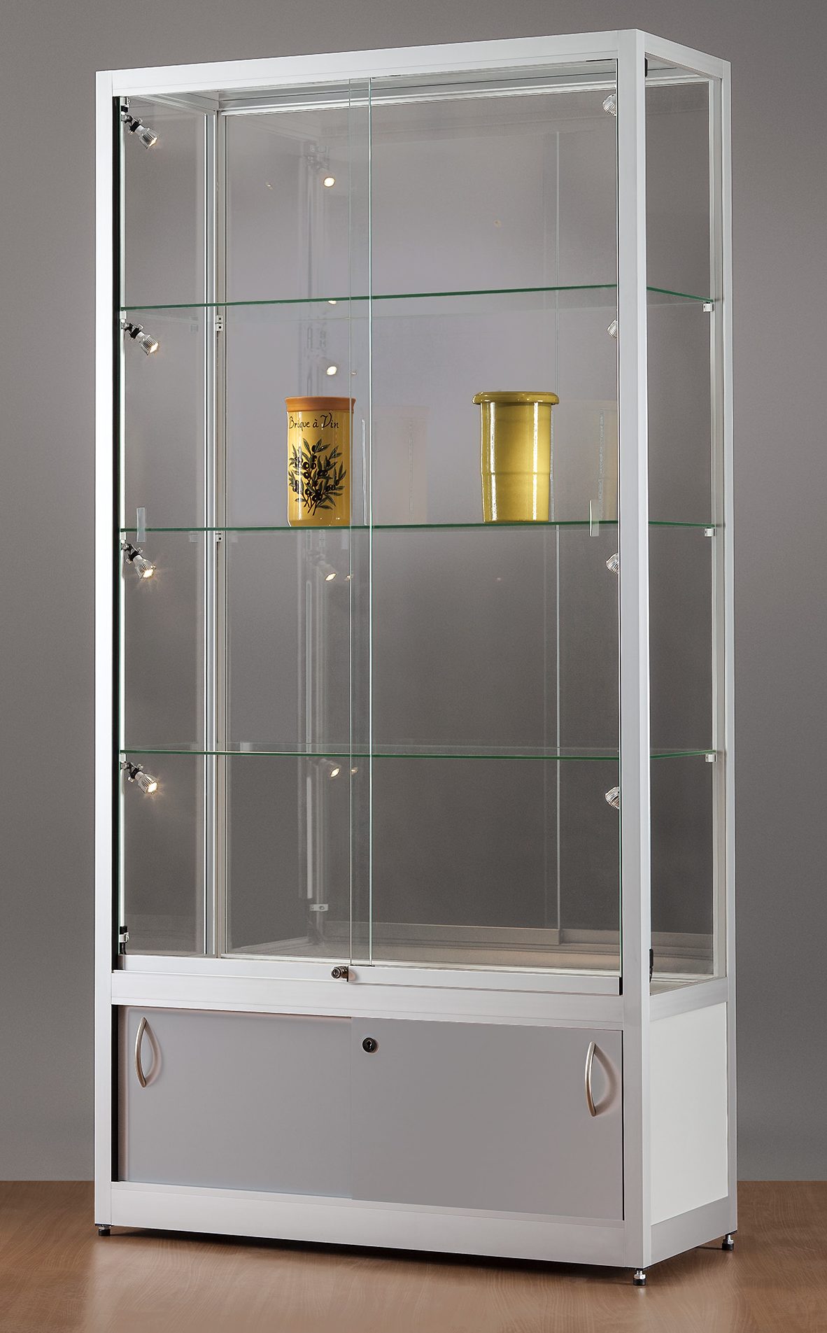 Vitrinenschrank mit rundum Verglasung und Unterschrank Vitrinenschrank mit rundum Verglasung und Unterschrank