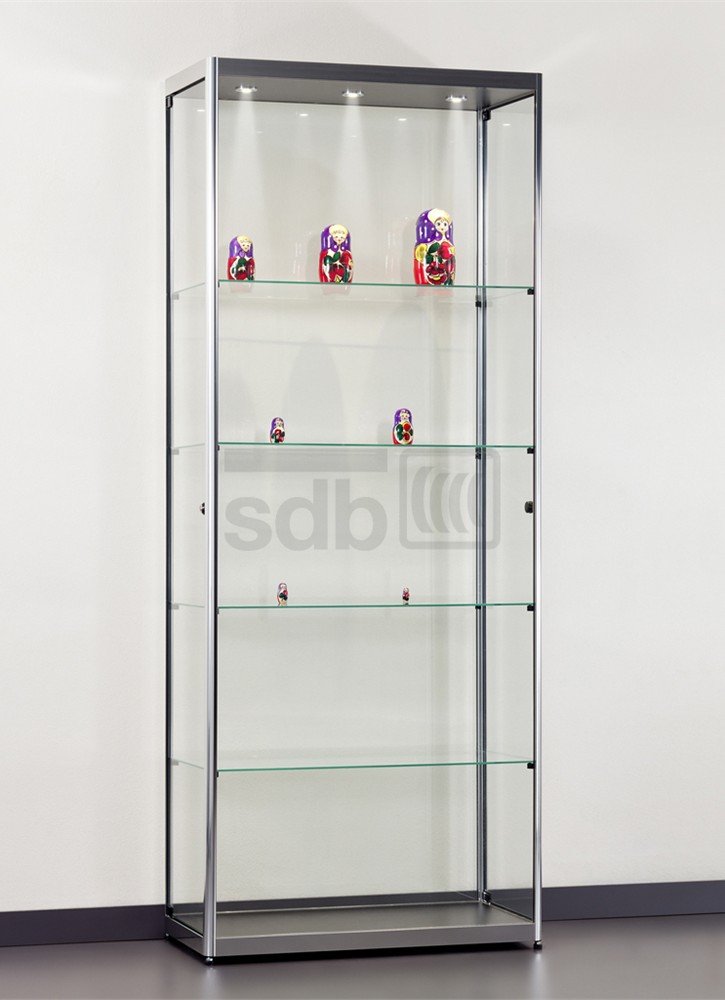 Glasvitrine mit viertelrunden Alu-Profile in Chrom-Optik, 4 Glasböden und  Deckenbeleuchtung