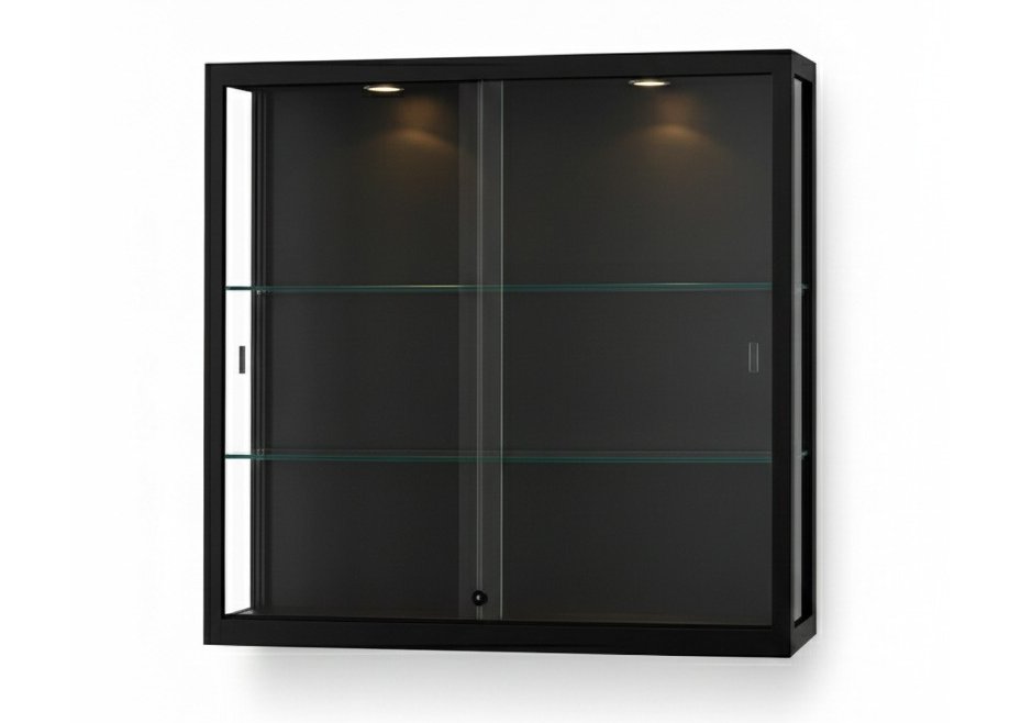 schwarze Wandvitrine abschlie&szlig;baren Schiebet&uuml;ren und LED-Deckenbeleuchtung
