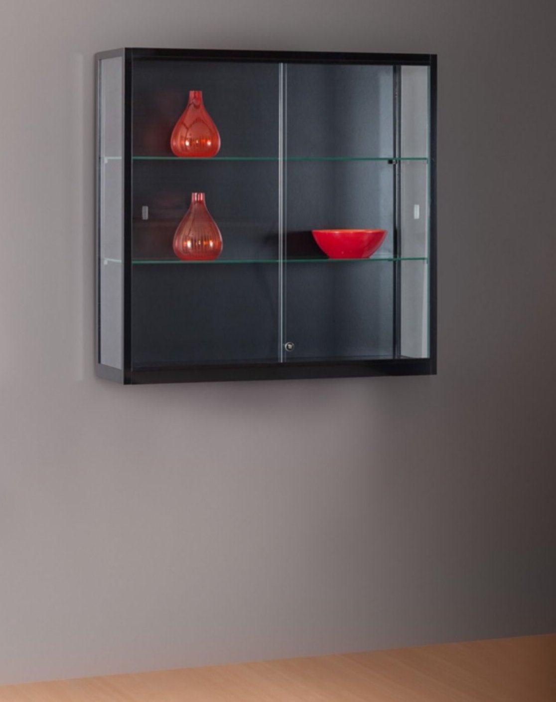 schwarze Sicherheitsglas-Wandvitrine abschließbar bruchfest