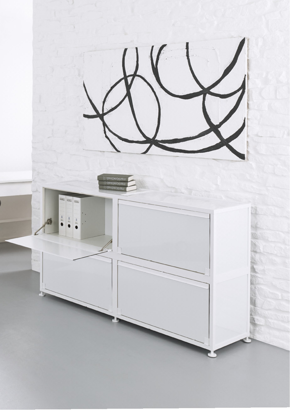 weißes Büro-Aluminium-Sideboard abschließbare Klapptüren in Ordnerhöhe