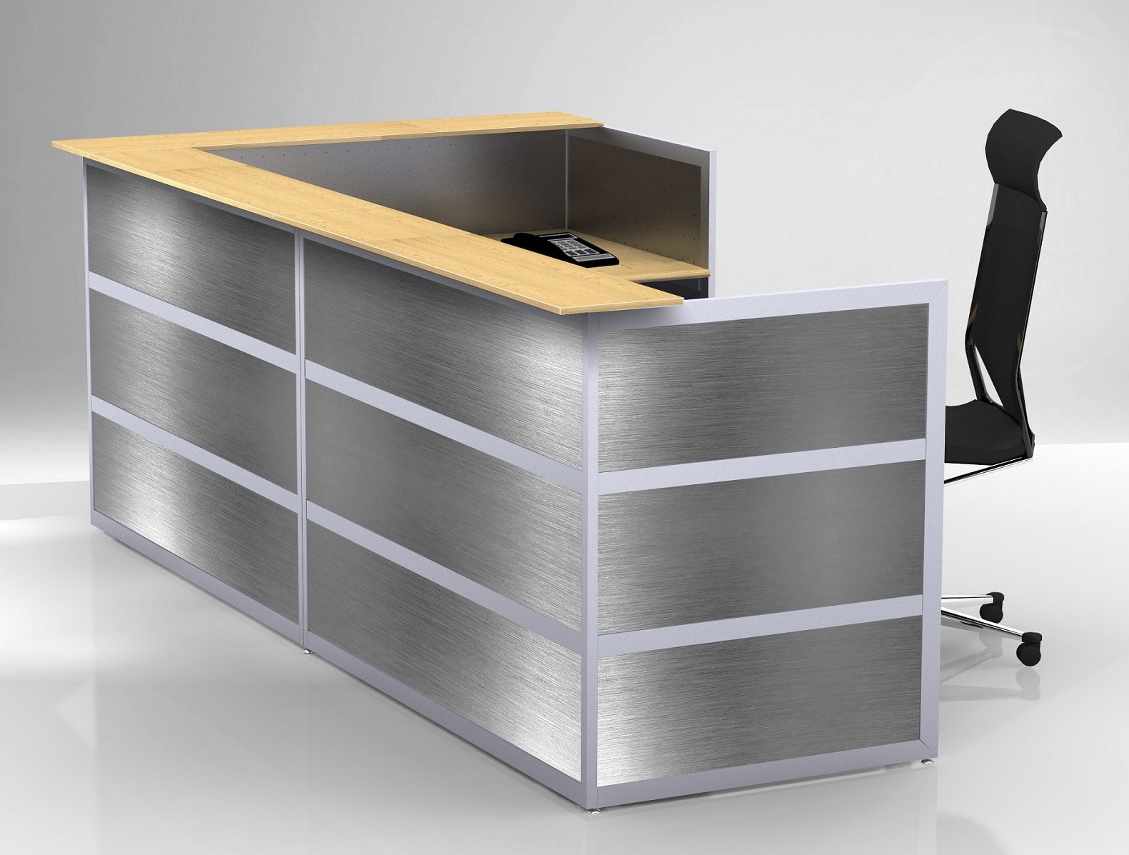 Eckige Empfangstheke 297 x 150 cm stabile Alu-Leichtbauweise Front Edelstahl